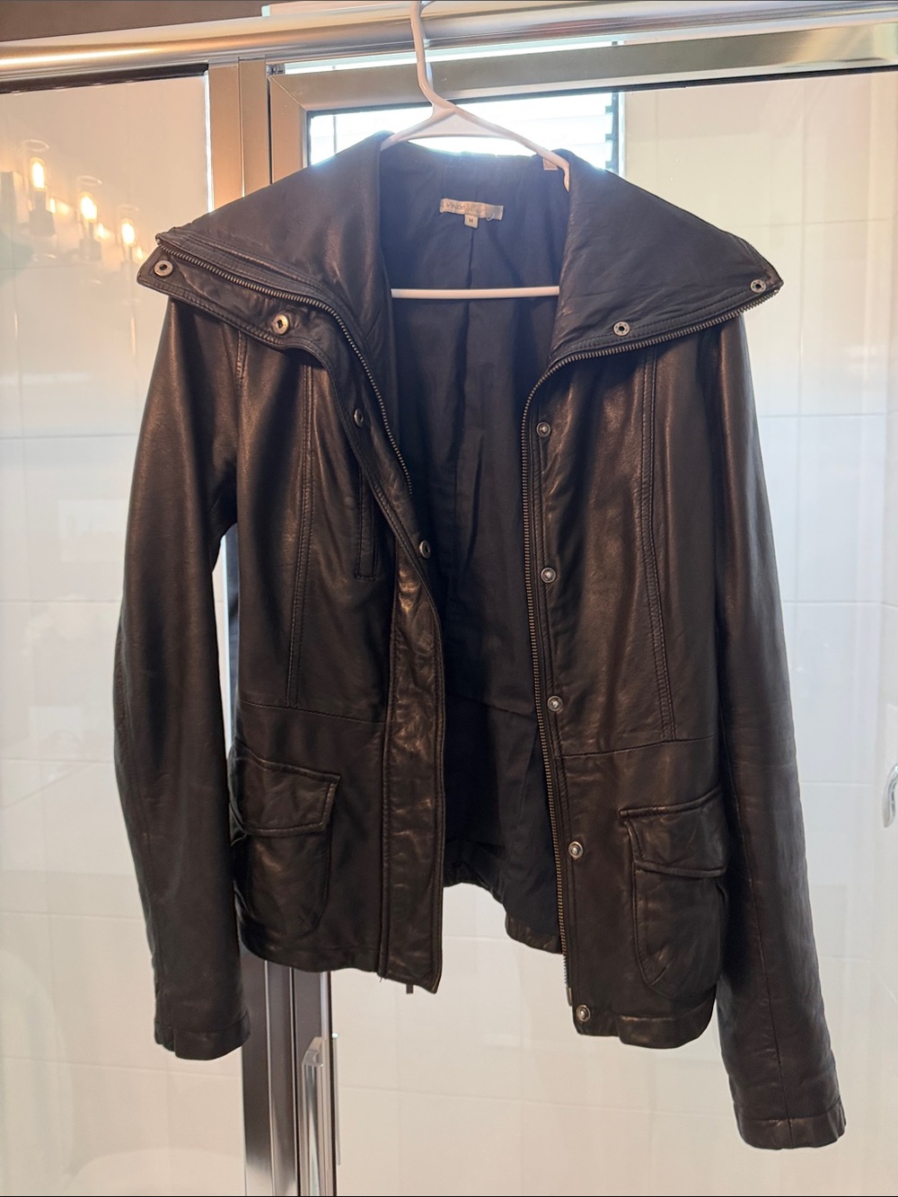 Vince Black Leather Jacket with Hood